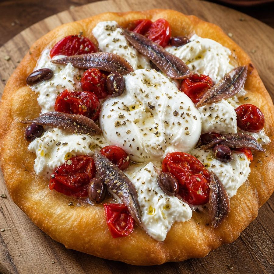 Pizza fritta con alici, stracciatella, pomodorini confit e olive, servita su un piatto di legno.