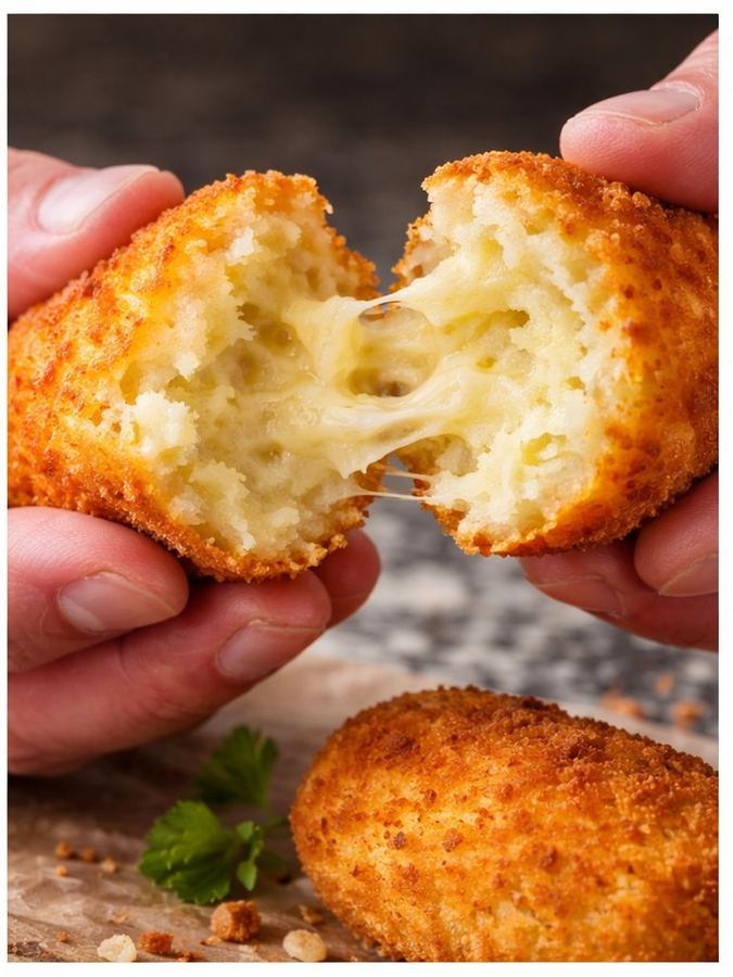 Un supplì spezzato a metà tenuto con due mani: il filo di mozzarella che si allunga tra le due parti.